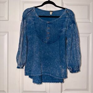 Free People We The Free Long Sleeved Distressed Blue Acid Washed Top